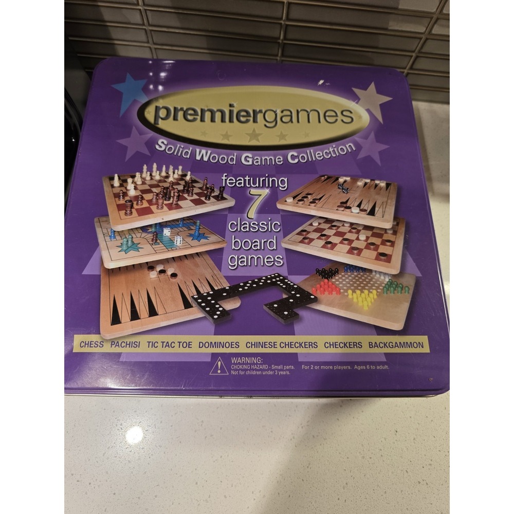 Premier Solid Wood 7 Game Collection - Chess Pachisi Domino Checkers Backgammon